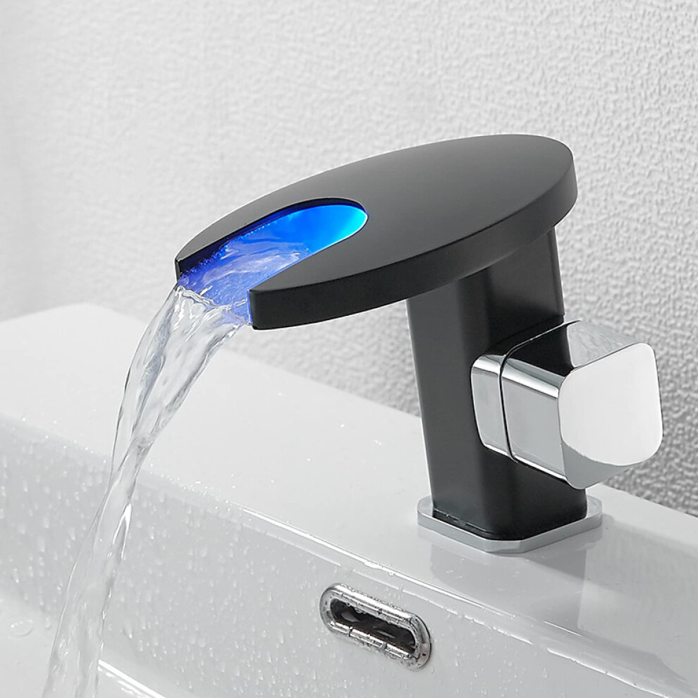 Waterfall Faucet Led Light 3Color Changing Spout Brass Brushed Gold Finish Singlehandle 1Hole Bathroom Sink Mixer 9323874452463