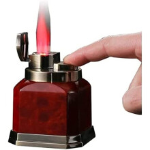 QuadJet Flame Retro Metal Butane Lighter, Antique Mahogany Grain Refillable Lighter, Adjustable Flame Size, Portable Red