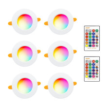 RGB 10W LED Ceiling Light, Warm White, Round Spotlights, 2 IR Remote (Pack of 6)