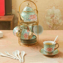 Porcelain Tea Set 6Piece Vintage EuropeanStyle Teapot With Cups And Saucers, Gold Plated Red Rose Pattern, Green