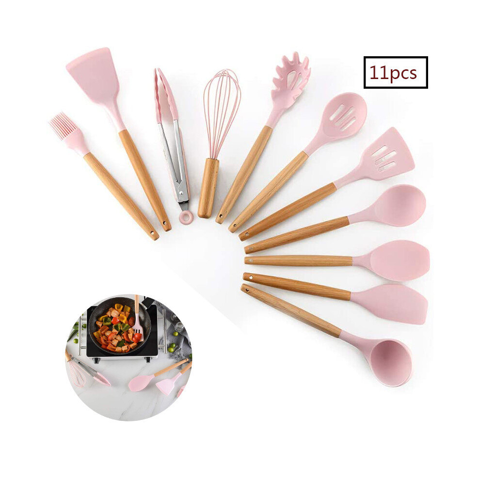Professional Cooking Tools, Heat Resistant Silicone Utensils Set, Non-Toxic, Ergonomic Wooden Handles, Antibacterial, 11 Pieces With Storage Bucket, F 9155353278512