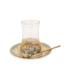 Glass Turkish Tea Cup Set with Saucer Spoon Blue Gold Kitchen Decoration