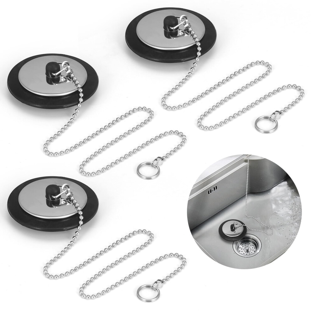 3 Pcs Universal Sink Plug 43Mm Black Silicone Bath Plug With Stainless Steel Chain For 42-45Mm Sinks Replacement 9393856284368