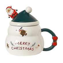 Christmas Tea Cup, 500ml Ceramic Drinking Cup with Christmas Hat Lid and Santa Spoon