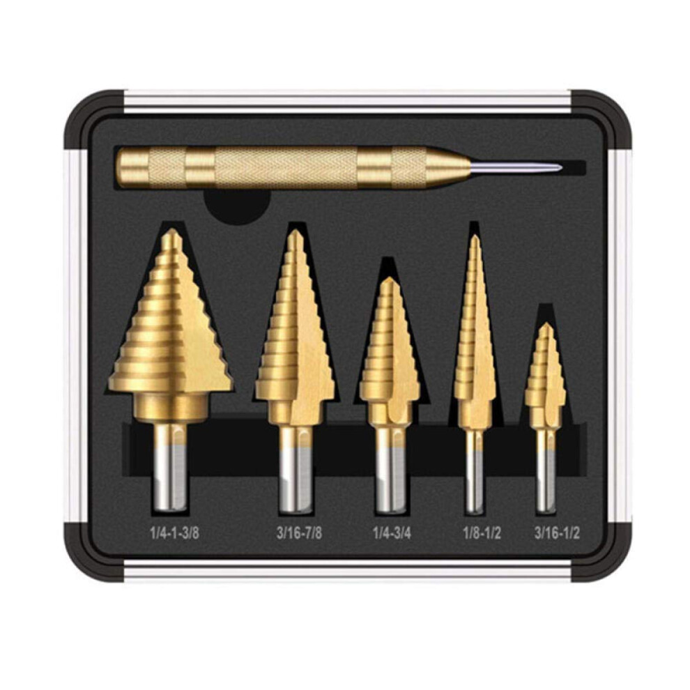 6Pcs Hss Titanium Coated Step Drill Bit Set With Center Punch Hole Cutter Drilling Tool 9339159678947