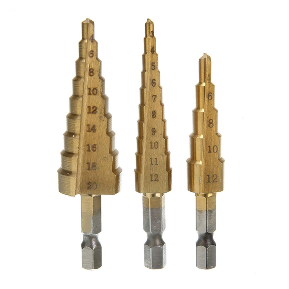 Woodworking Step Drill 3Pcs Set Hss Titanium Coated Cone Bits 312Mm, 412Mm, 420Mm For Diy Woodworking 9001264203801