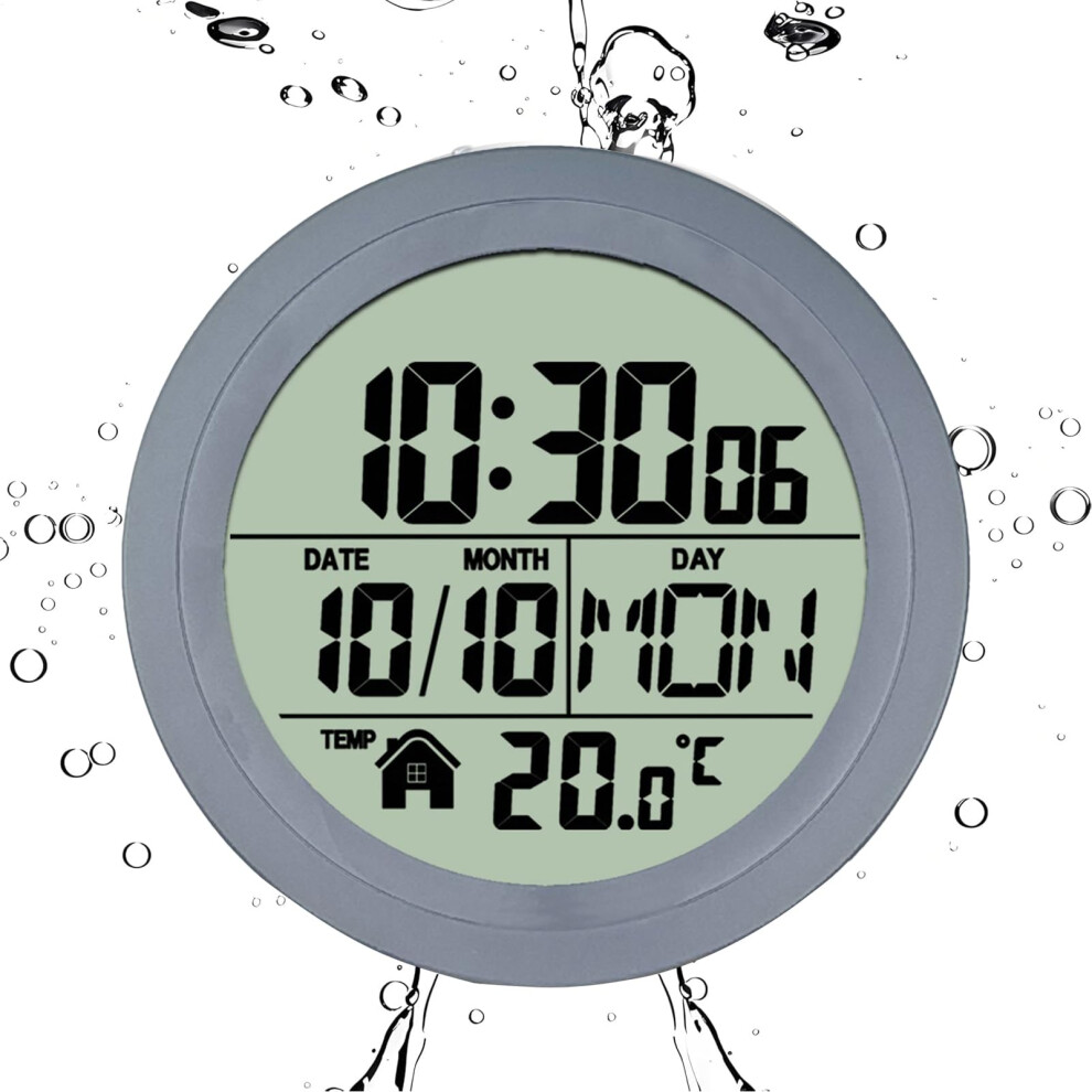 Wall Clock for Bathroom Suction Cup Digital Clock With Temperature and Date Display Waterproof Grey for Home Office