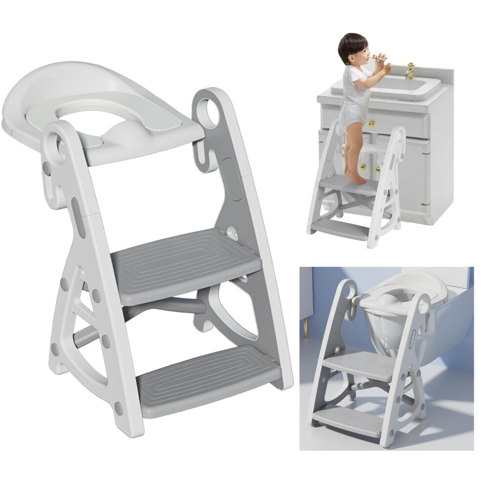 Children's Toilet Seat With Stairs, Foldable Potty Trainer For Boys And Girls, Grey