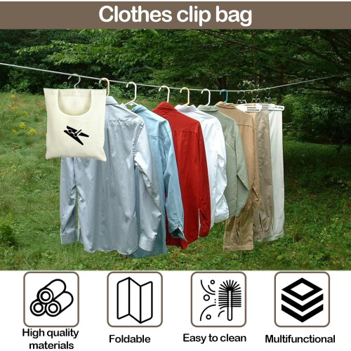 Clothes Peg Bag with Hooks, Storage, Fabric Black, Reusable, Cream 2