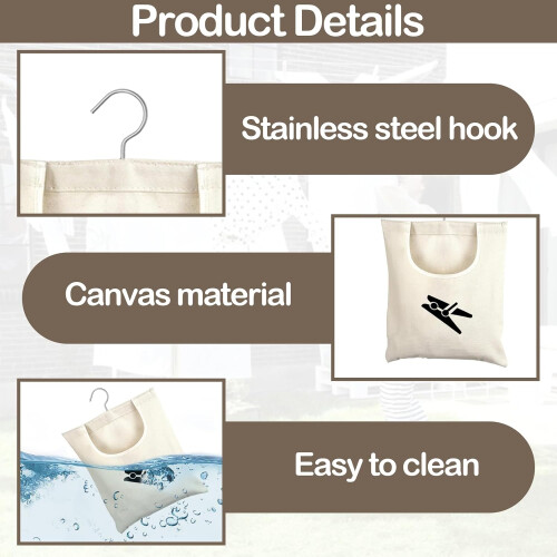 Clothes Peg Bag with Hooks, Storage, Fabric Black, Reusable, Cream 1