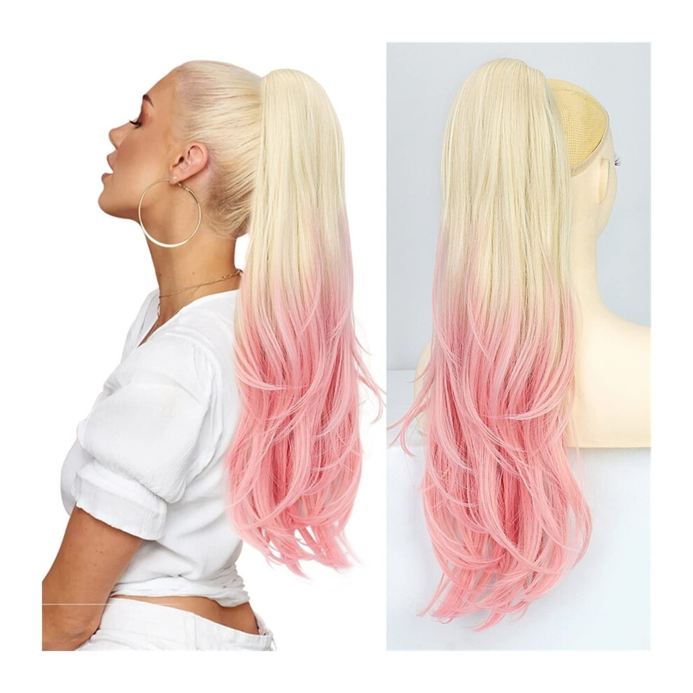 26inch Long Wavy Drawstring Extensions Synthetic Ponytail Hairpieces For Women ClipIn Layered 26 Inch Blonde Pink
