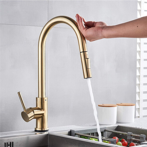 Sensor Touch Kitchen Faucets Brushed Gold Brass Touch Activated Sink Faucet, Deck Mount PullDown Sprayer 1