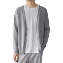 Men's Cotton Knitted Cardigan, Long Sleeve VNeck Pullover, Fine Knit, Gray, Size M, Casual Winter Jacket