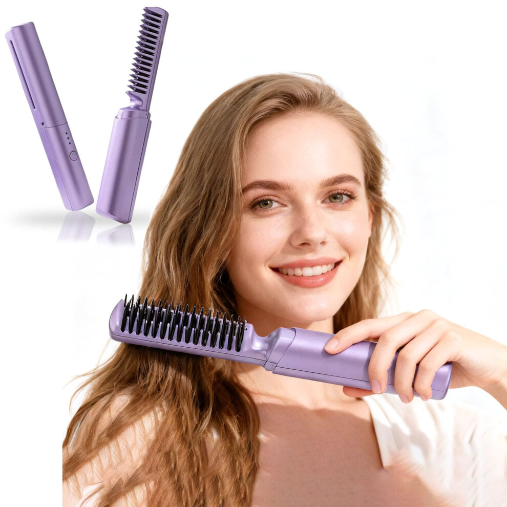 Unisex Purple Ceramic Hairdressing Comb 2In1 Wireless Straightener & Curler, Usb Rechargeable, 3 Heat Settings,