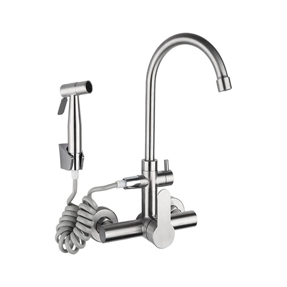 Faucet Kitchen Wall Mounted Brushed Finish 360Degree Rotatable Spray Gun Single Lever Mixer Tap For Kitchen Sink 9323874462127