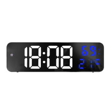 Mirror LED Digital Wall Clock Large Display Time Date Temperature Alarm Plug In White And Blue For Home Office
