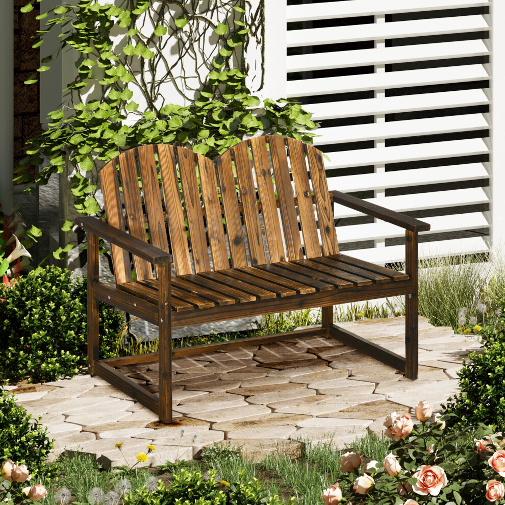 Outsunny Wooden Bench For Two People, Patio Loveseat Chair W/ Slatted Backrest