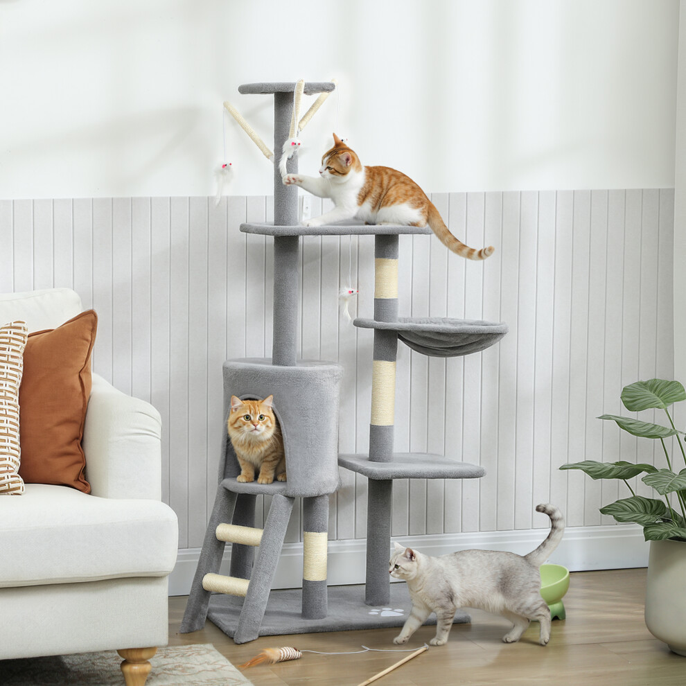 Pawhut Grey Cat Tree For Indoor Cats, 134Cm Scratching Post Climbing Tower,