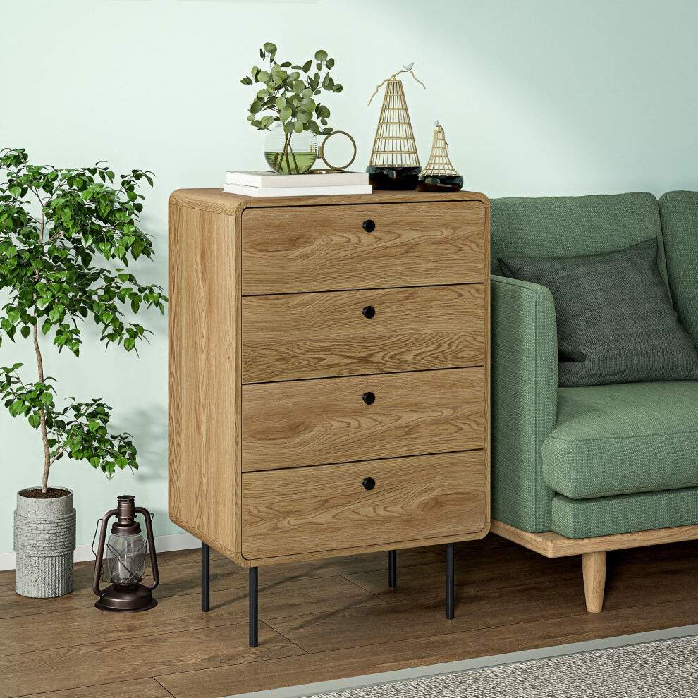 Homcom Chest Of Drawers With 4 Drawers, Modern Dresser For Bedroom, Oak