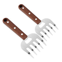 2 pieces of meat forks with ergonomic wooden handle for shredding and serving grilled meat for BBQ and kitchen applications durable