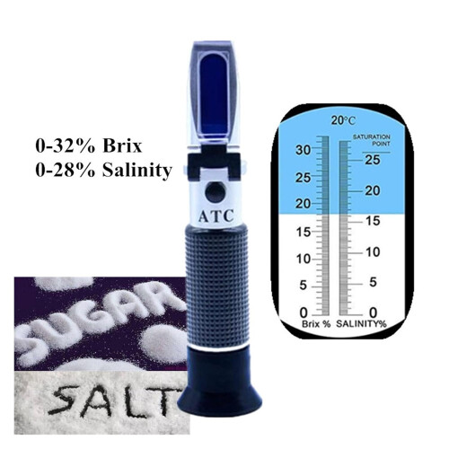 Refractometer 028% Salinity & 032% Brix Dual Scale, 2In1 Brix & Salt Refractometer With ATC 1