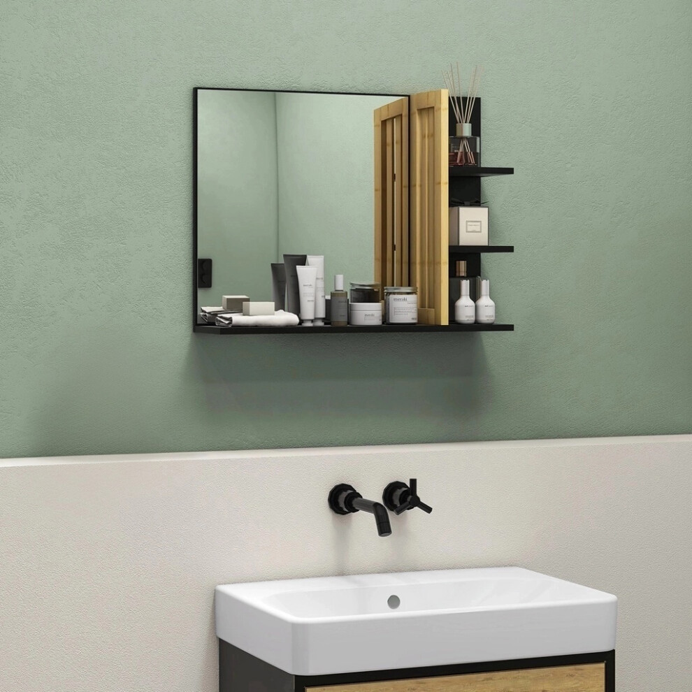 Homcom Unisex Black Modern Wall Mounted Bathroom Mirror With 4 Storage Open Shelves - Image 6