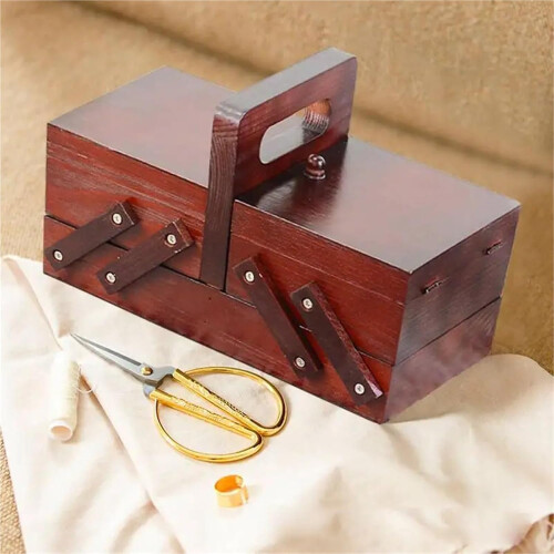 Wooden Sewing Box Foldable Fan Thread Sewing Basket Organiser (Brown) 2