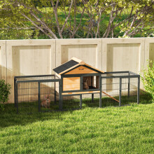 PawHut Rabbit Hutch, Guinea Pig Hutch Outdoor with Steel Run, Tray, Ramp