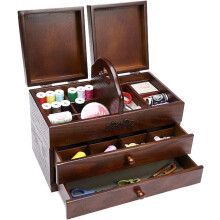 Wooden Sewing Box with 2 Drawers Large Sewing Basket Organiser for Tools, Easy to Carry, Compartments for Home and Embroidery Projects