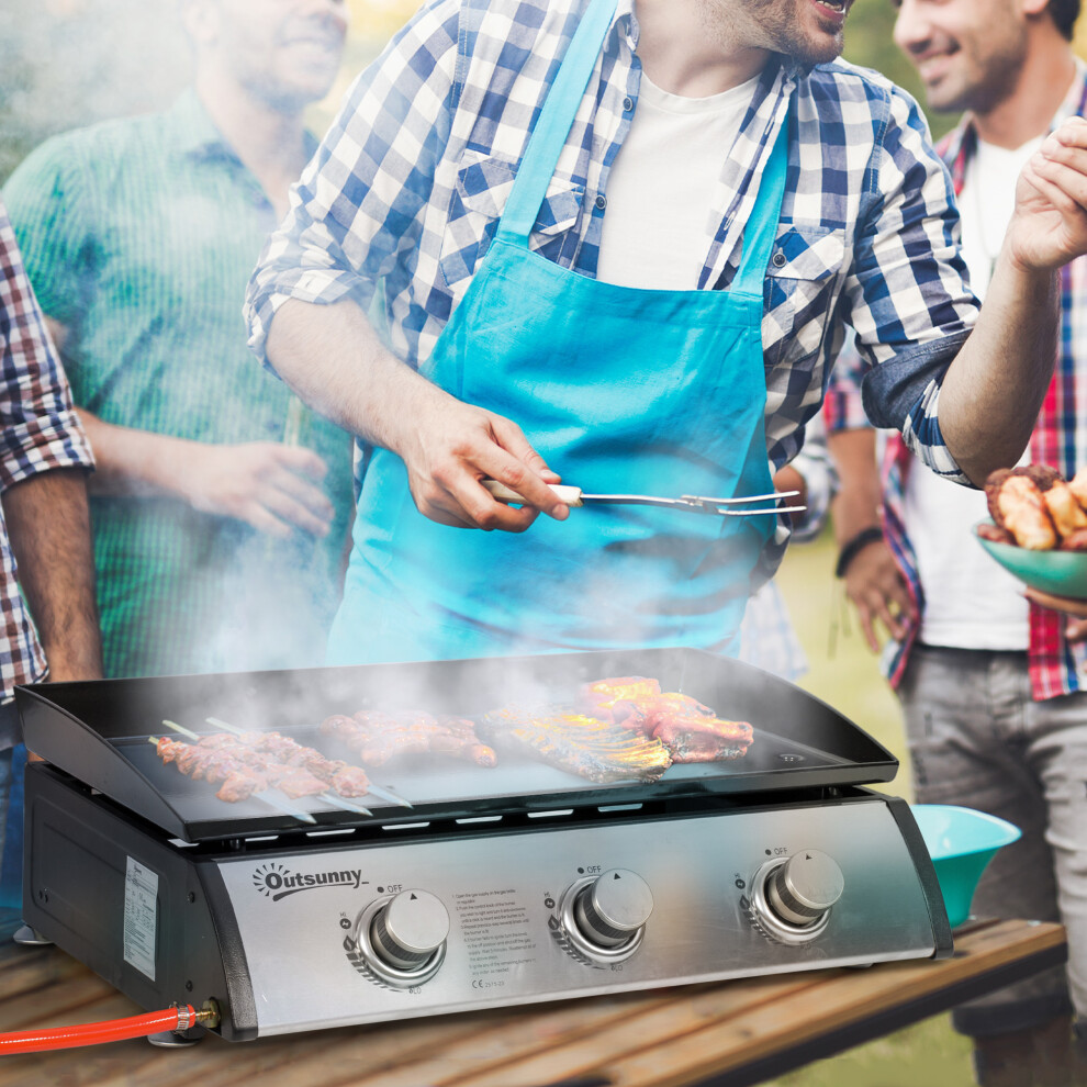 Outsunny Portable Gas Plancha Bbq Grill With 3 Stainless Steel Burner, 9Kw