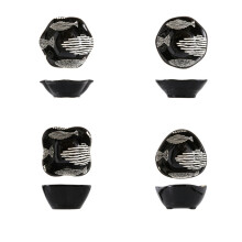 4part Japanese relief, 3D underglaze ceramic tableware, soy sauce small dishes black multifish