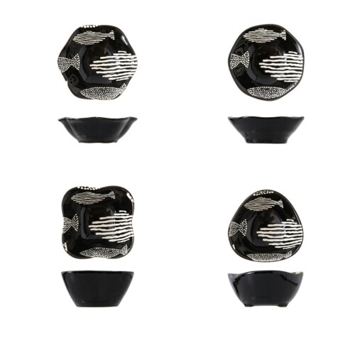 4part Japanese relief, 3D underglaze ceramic tableware, soy sauce small dishes  black multifish