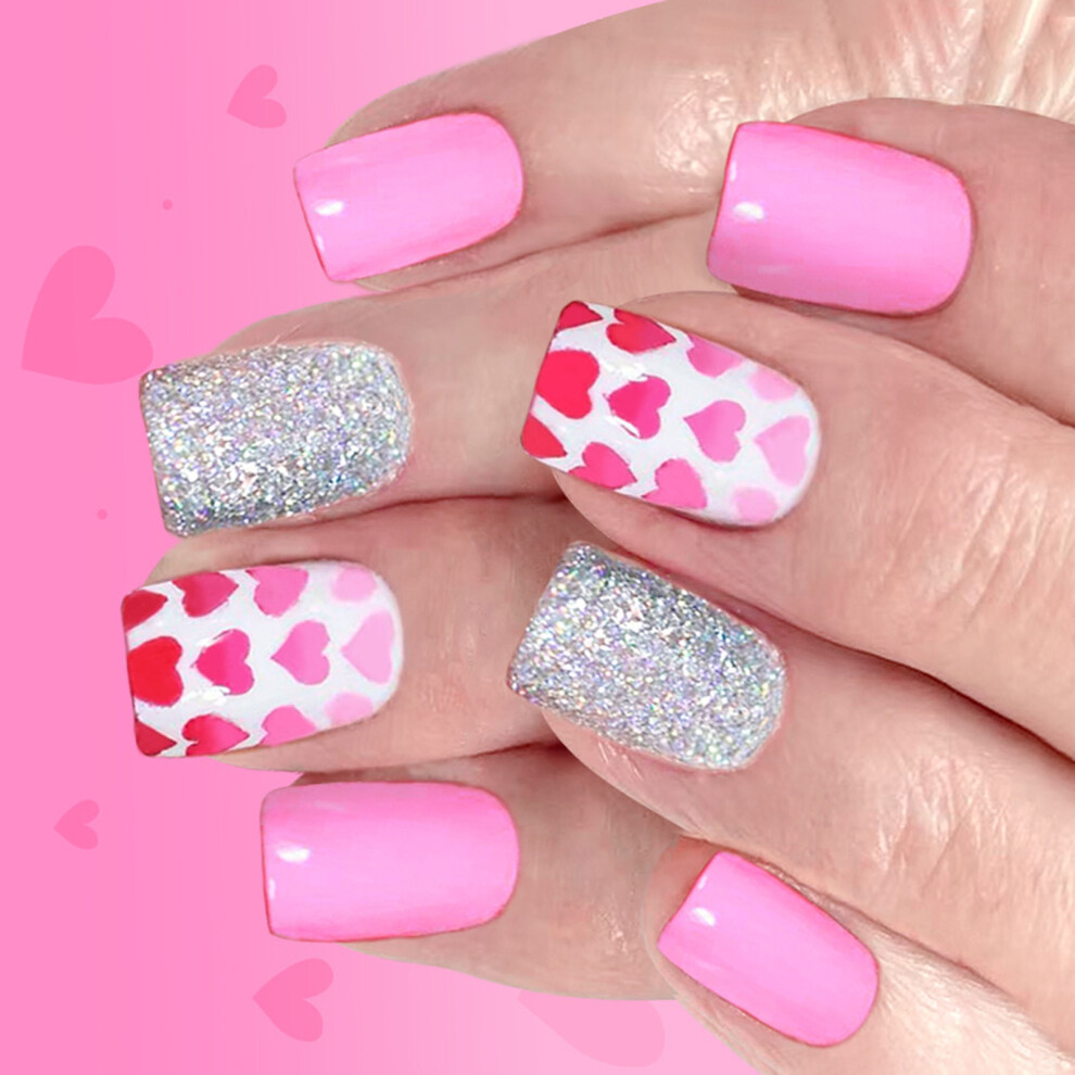 Pink 24Pieces Valentine Glitters False Nail Heart Design Press