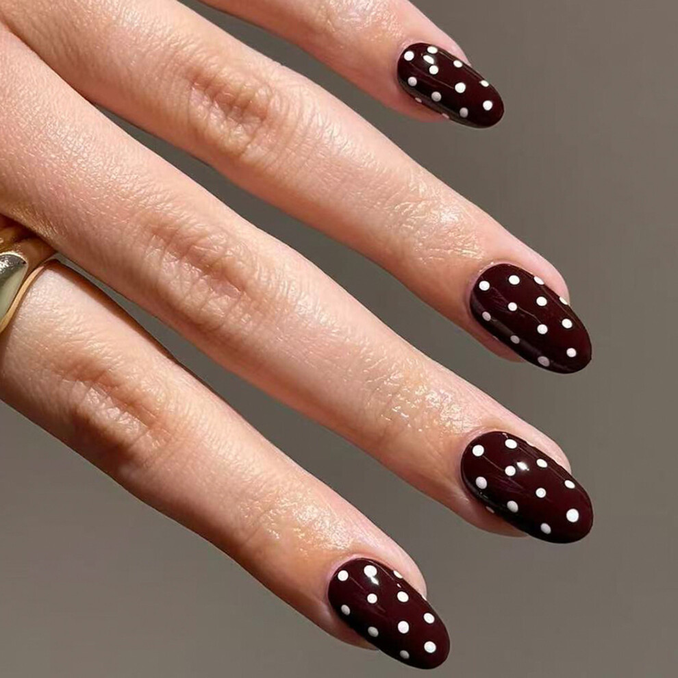 Long Lasting False Nail for Women Wine Red White Polkas Dots ABS