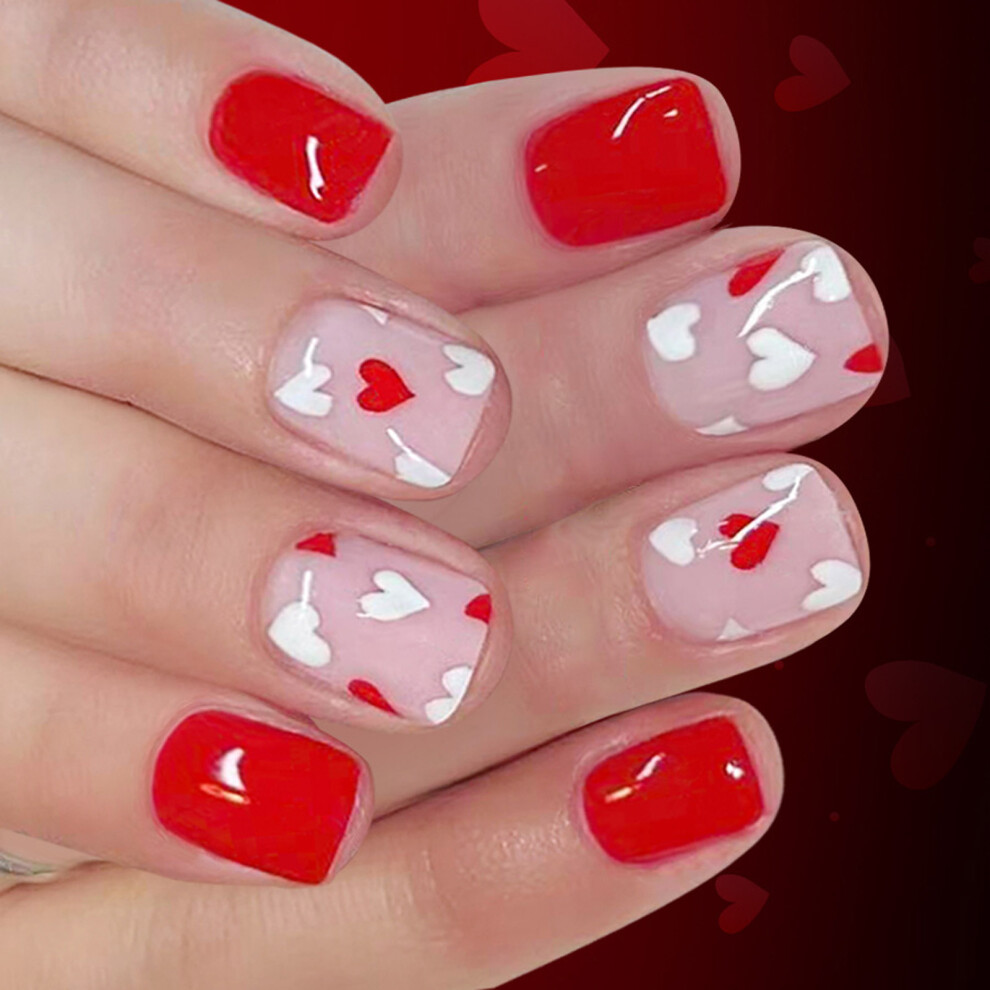 Red Valentines's Day Glossy False Nail 24Pcs Square Short Style