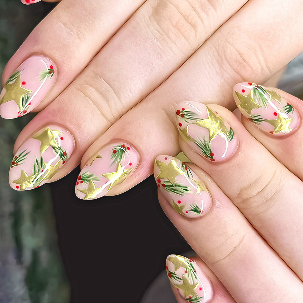 Shimmering Gold Leaf Fake Nail With Floral Art Comfort Fit Press