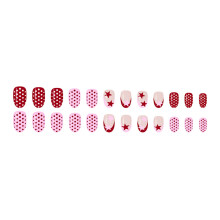 24PCS Short Oval Glossy Fake Nail Red Pink Polkas Dot French Tip