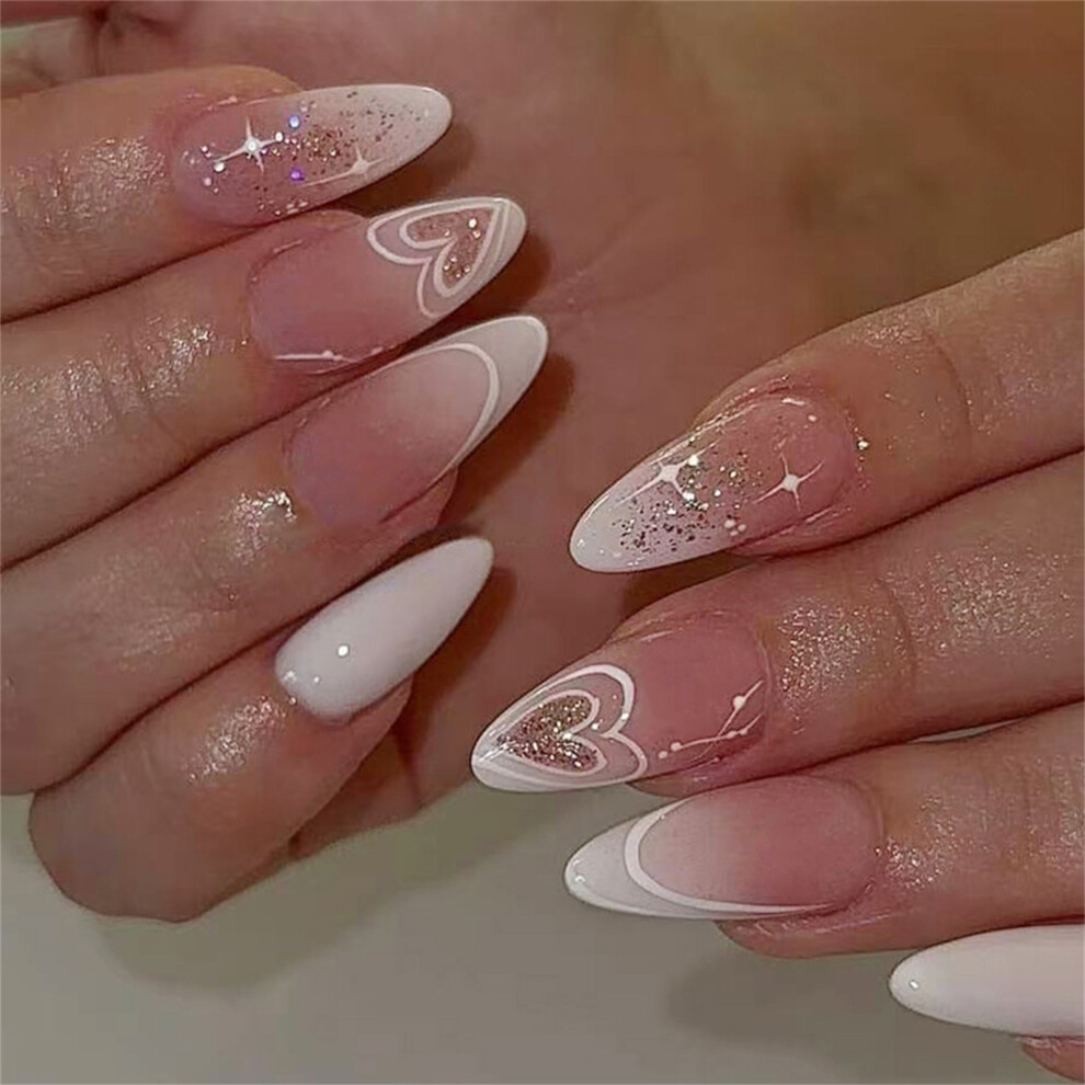 French Tip Press On Nail Medium Almond Ombres Glitters White