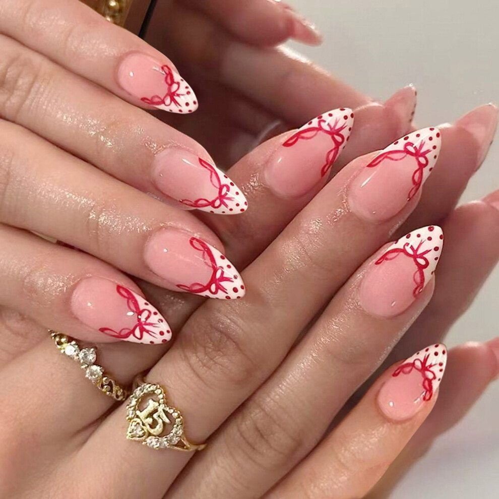 French Tip Press On Nail White With Red Polkas Dots Bows Design