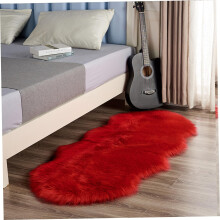 Red Fluffy Rug One Piece Faux Sheepskin Rug 59.1x23.6 Inch Soft Shag Rug Easy to Clean For Bedroom And Living Room