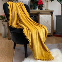 Mustard Yellow Fleece Throw Blanket, Cozy Plush for Year-Round Warmth, Lint-Free & Durable Design, Pompon Fringe, Easy Machine Washable, 129.5 x 160 c