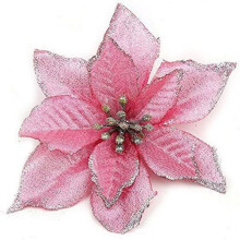 Elegantes flores artificiais de poinsétia com glitter, superfície brilhante que realça a decoração da árvore de Natal, enfeites para guirlandas