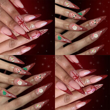 Festive French Glitters Press On Nail 48PCS Wine Red Snowman
