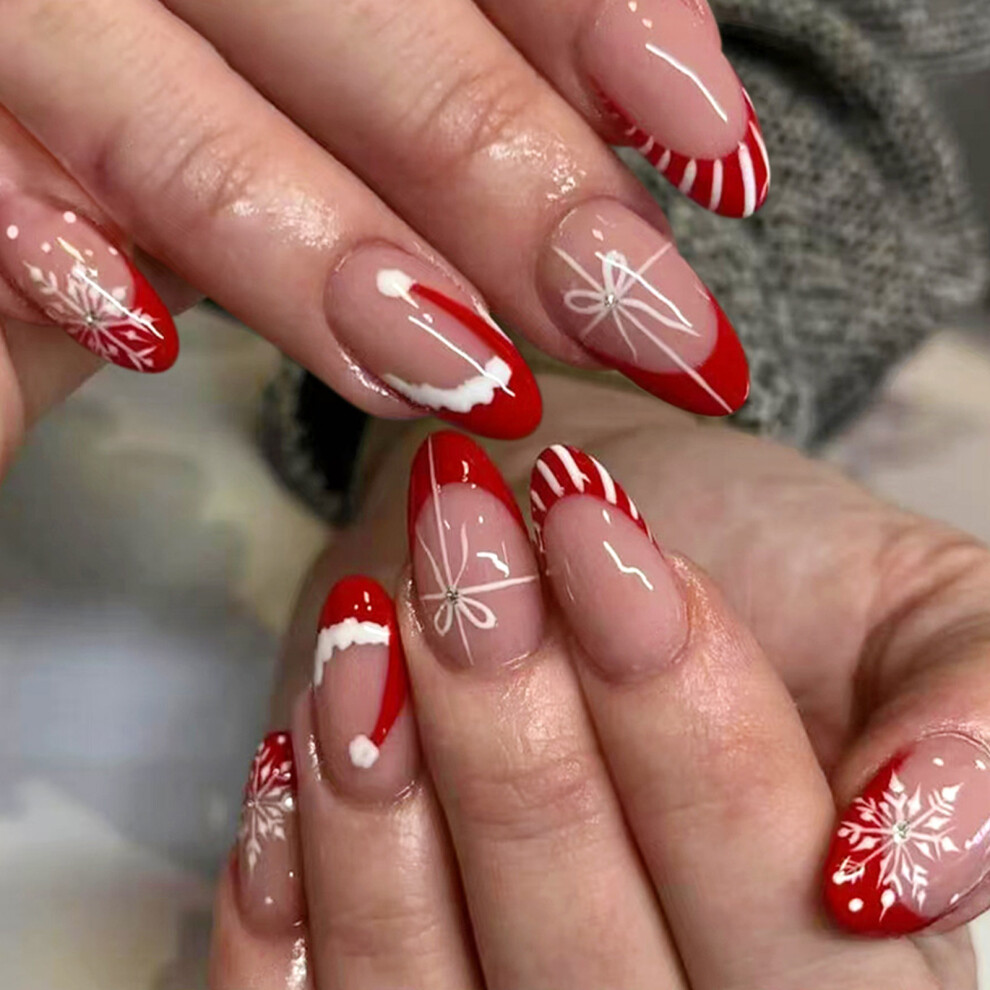 Red Festival French Press On Nail 24Pieces Striped Glitters