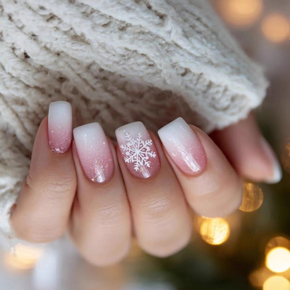 Pink 24Pieces Elegant Snowflake Artificial Nail Holiday Party Wear