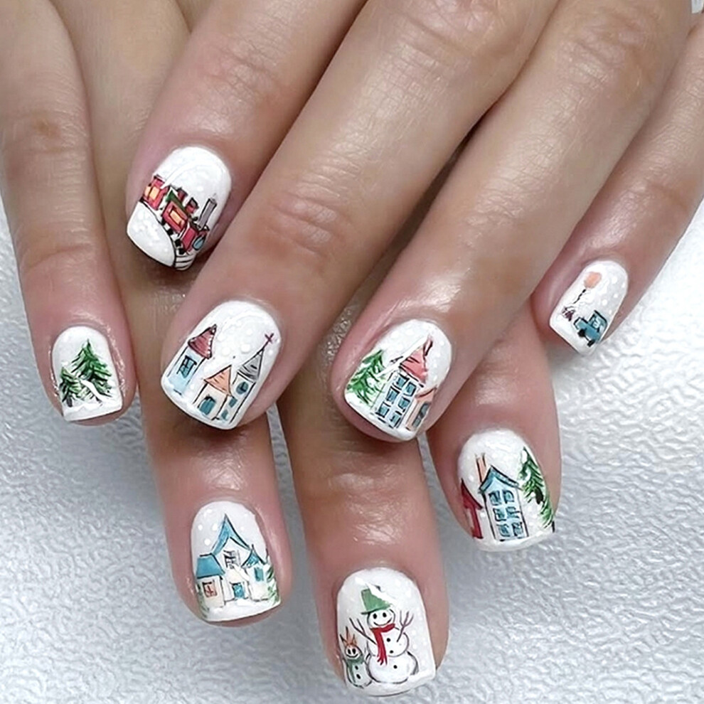 Blue/Red Christmas Glitters False Nail Snowflake Snowman Design 24Pcs