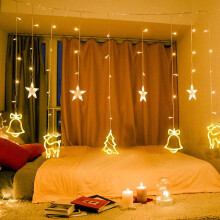 Cortina de luces navideñas LED blancas cálidas, patrones creativos, funciona con pilas, función de temporizador para decoración interior y