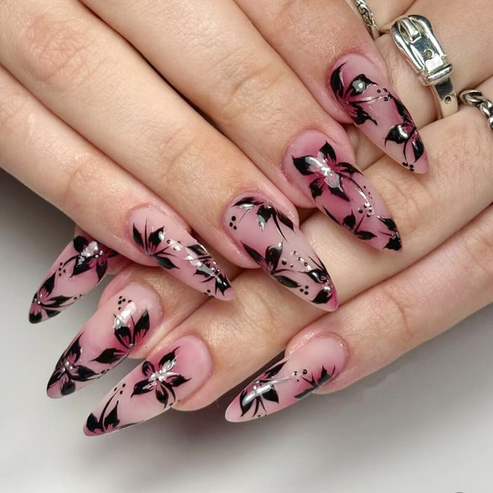 Glossy Flower Press On Nail French Long Stilettos 24pcs Party