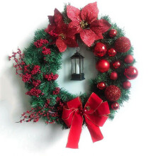 Adornos navideños, corona iluminada, decoración navideña vintage, corona artificial con lentejuelas, decoración perfecta para exteriores (rojo)