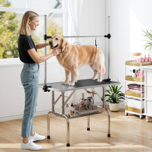 PawHut Metal Adjustable Dog Grooming Table Rubber Top 2 Safety Slings Mesh